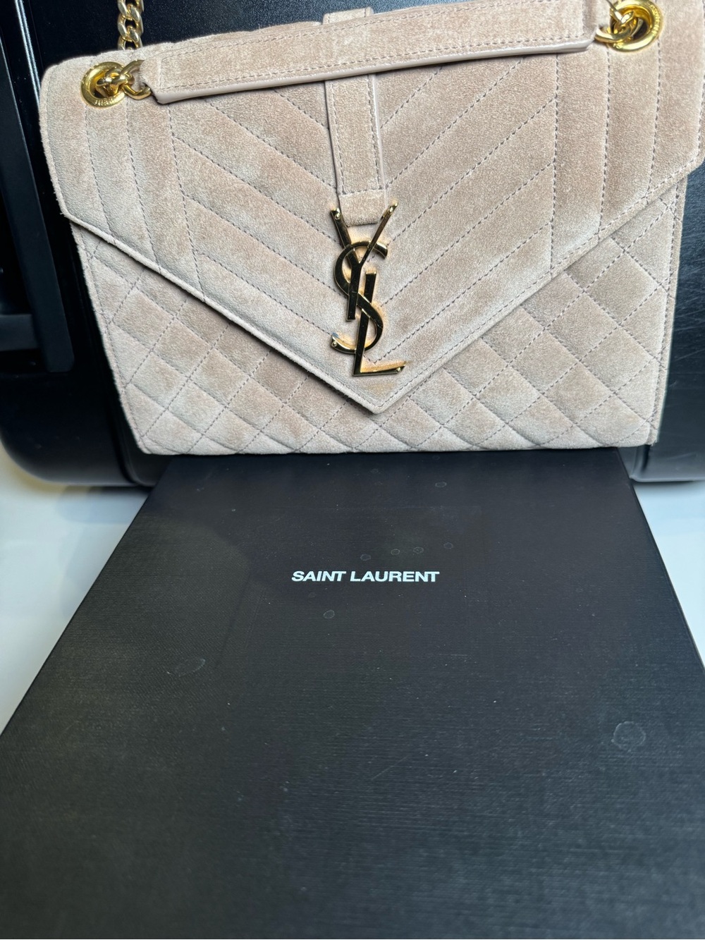 Saint Laurent Beige Suede Chevron-Quilted Envelope Chain Shoulder Bag NWT